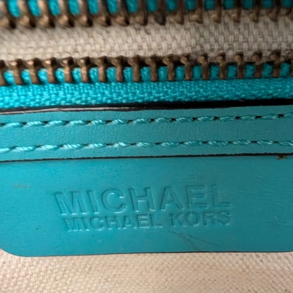 Michael Kors Santorini Straw Handbag Double Teal Leather Gold Chain Straps Rare - Picture 7 of 9